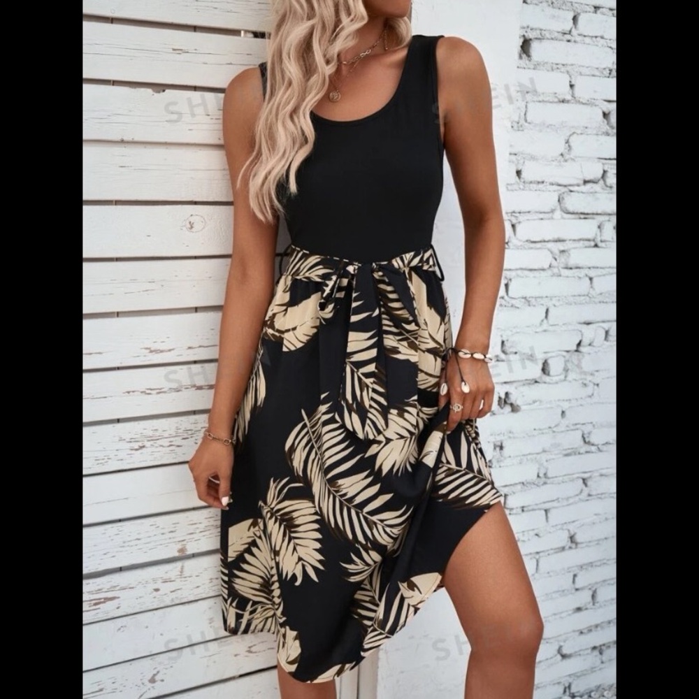 SHEIN Black and Tan Tropical Print Dress